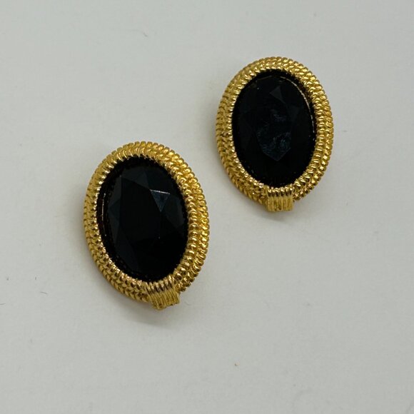 Vintage 80s  Black Acrylic Oval Post Earrings Plymouth New York Gold Rope Border - Picture 10 of 13